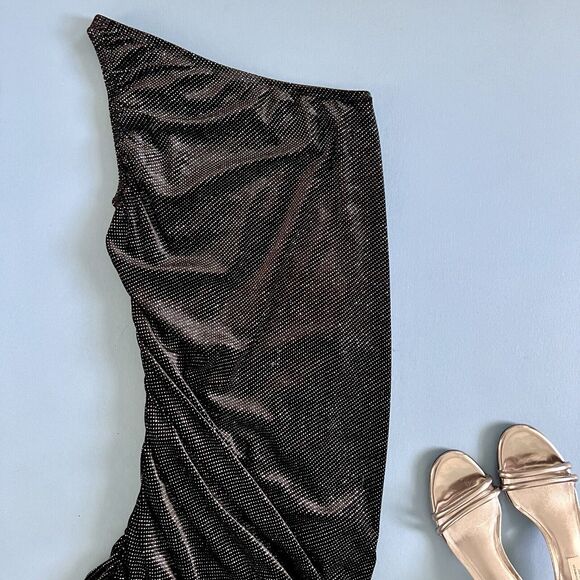 NWT Gibson Latimer Black Velvet Silver One Shoulder Asymmetric Ruched Midi Dress - Picture 4 of 6